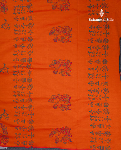 Orange South Cotton Printed Saree With Contrast Peacock Blue Blouse