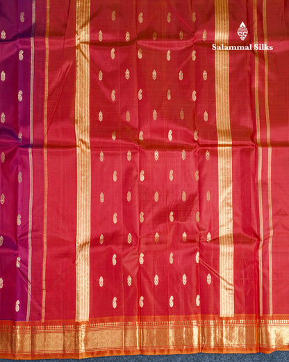 Dual Tone Magenta Pure Kanjivaram Silk Saree With Contrast Mustard Yellow One Side Border