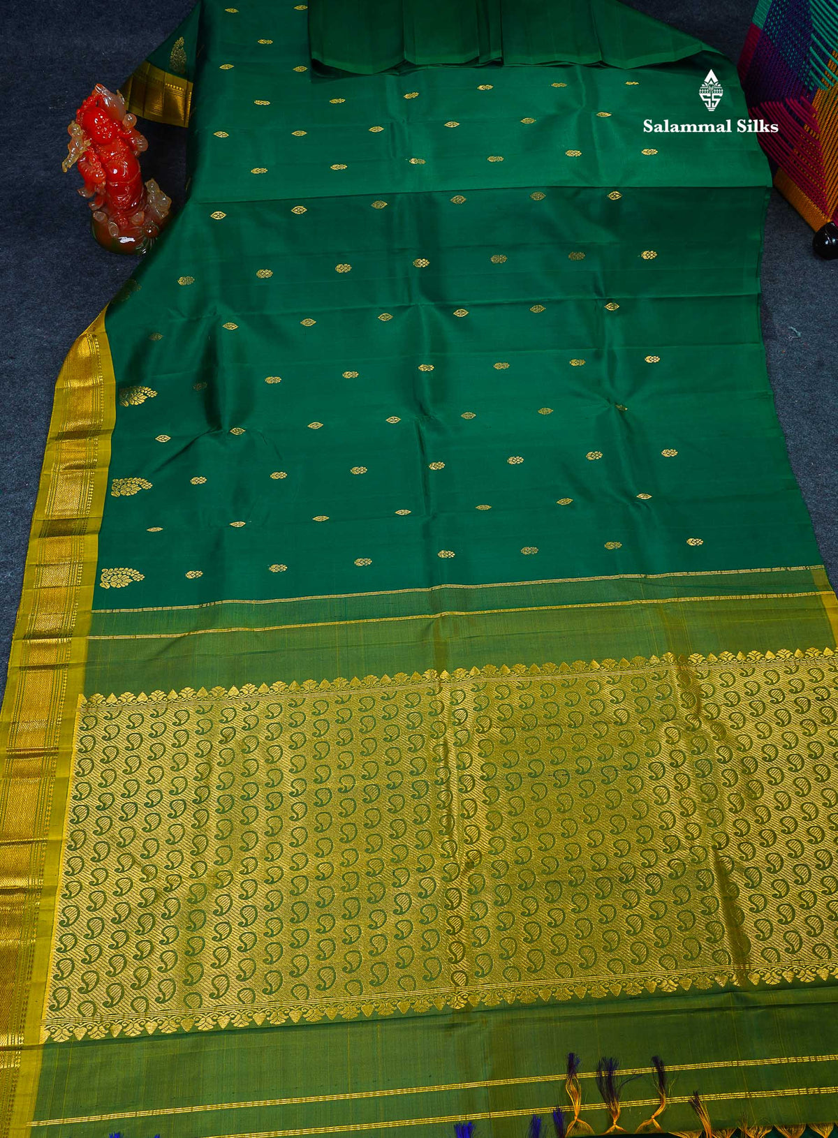 One Side Border Pure Silk Saree - Bottle Green Colour Body Zari Butta With Manthulir Green Border 