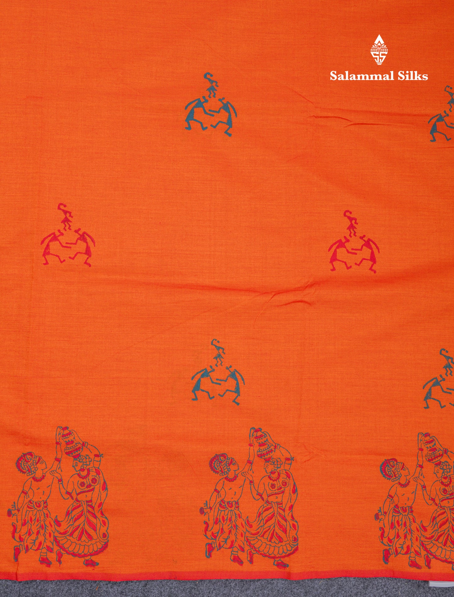 Orange South Cotton Printed Saree With Contrast Peacock Blue Blouse