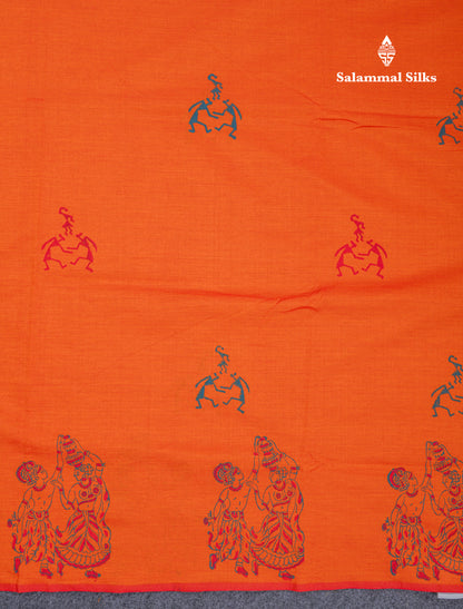 Orange South Cotton Printed Saree With Contrast Peacock Blue Blouse