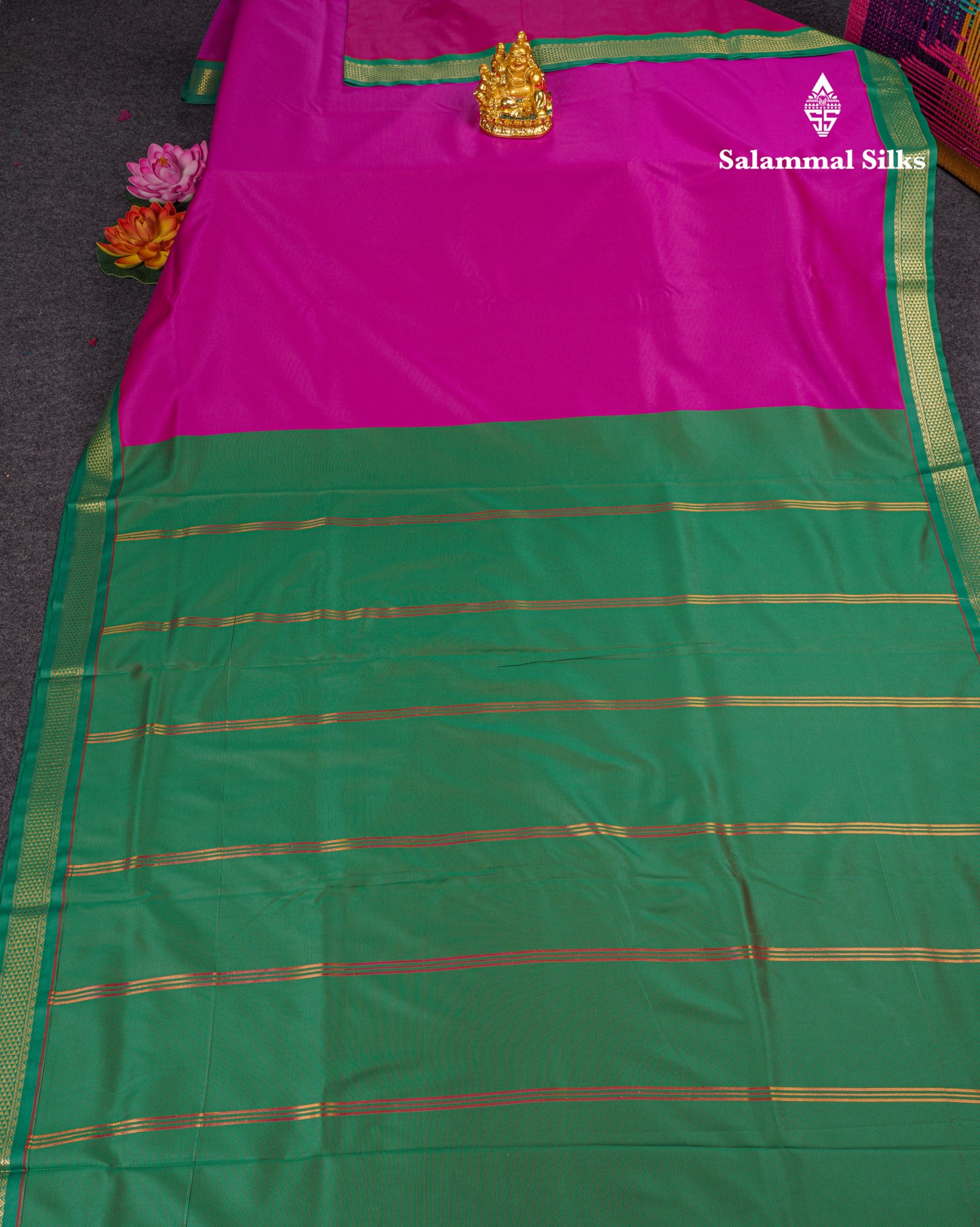 9 Yards Semi Silk Saree Magenta Pink with Contrast Small Green Border