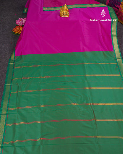 9 Yards Semi Silk Saree Magenta Pink with Contrast Small Green Border