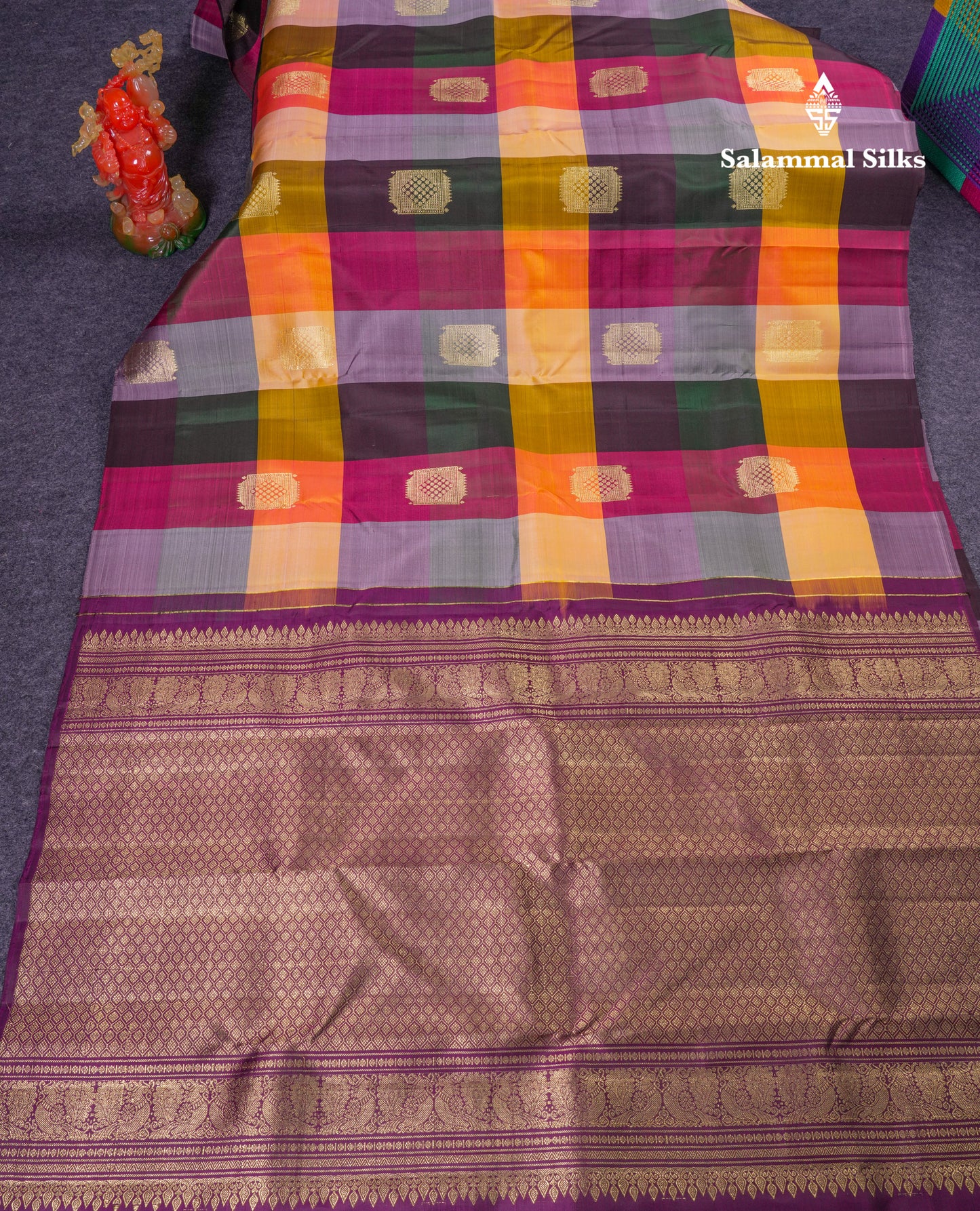 Beautiful Paalum Pazham Big Checks With Butta Pure Kanjivaram Silk Saree With Contrast Maroon Blouse