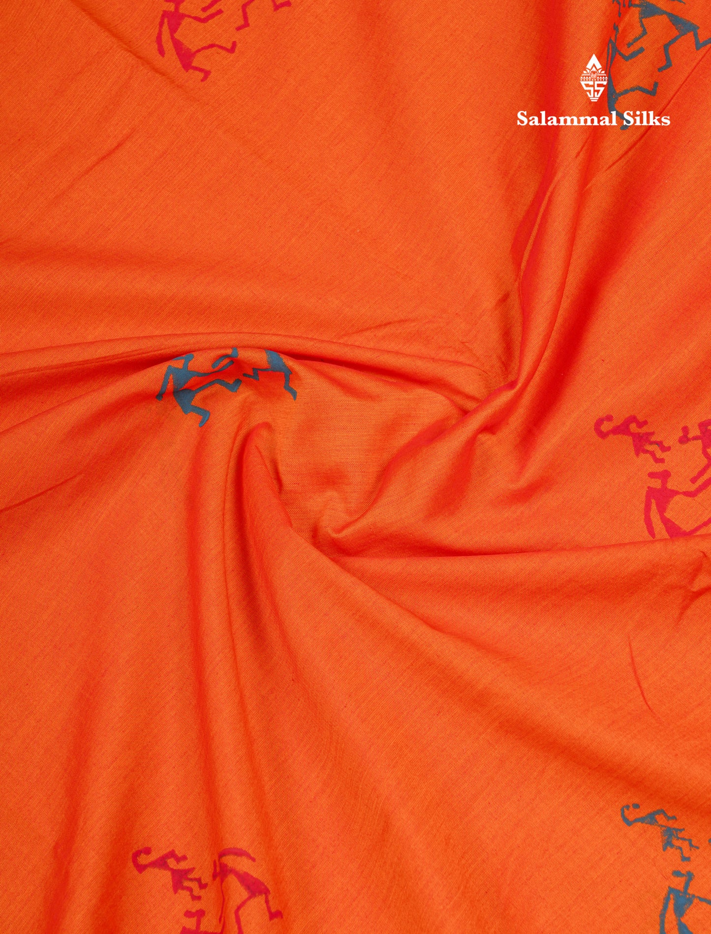 Orange South Cotton Printed Saree With Contrast Peacock Blue Blouse