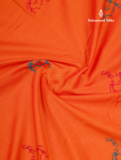Orange South Cotton Printed Saree With Contrast Peacock Blue Blouse