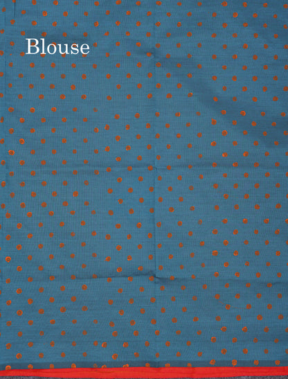 Orange South Cotton Printed Saree With Contrast Peacock Blue Blouse