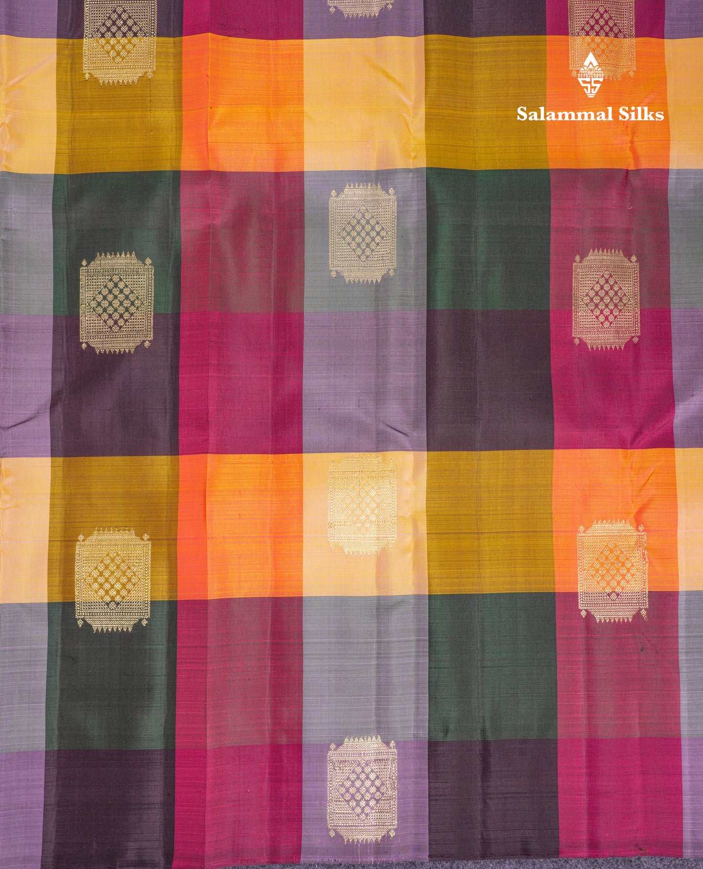 Beautiful Paalum Pazham Big Checks With Butta Pure Kanjivaram Silk Saree With Contrast Maroon Blouse