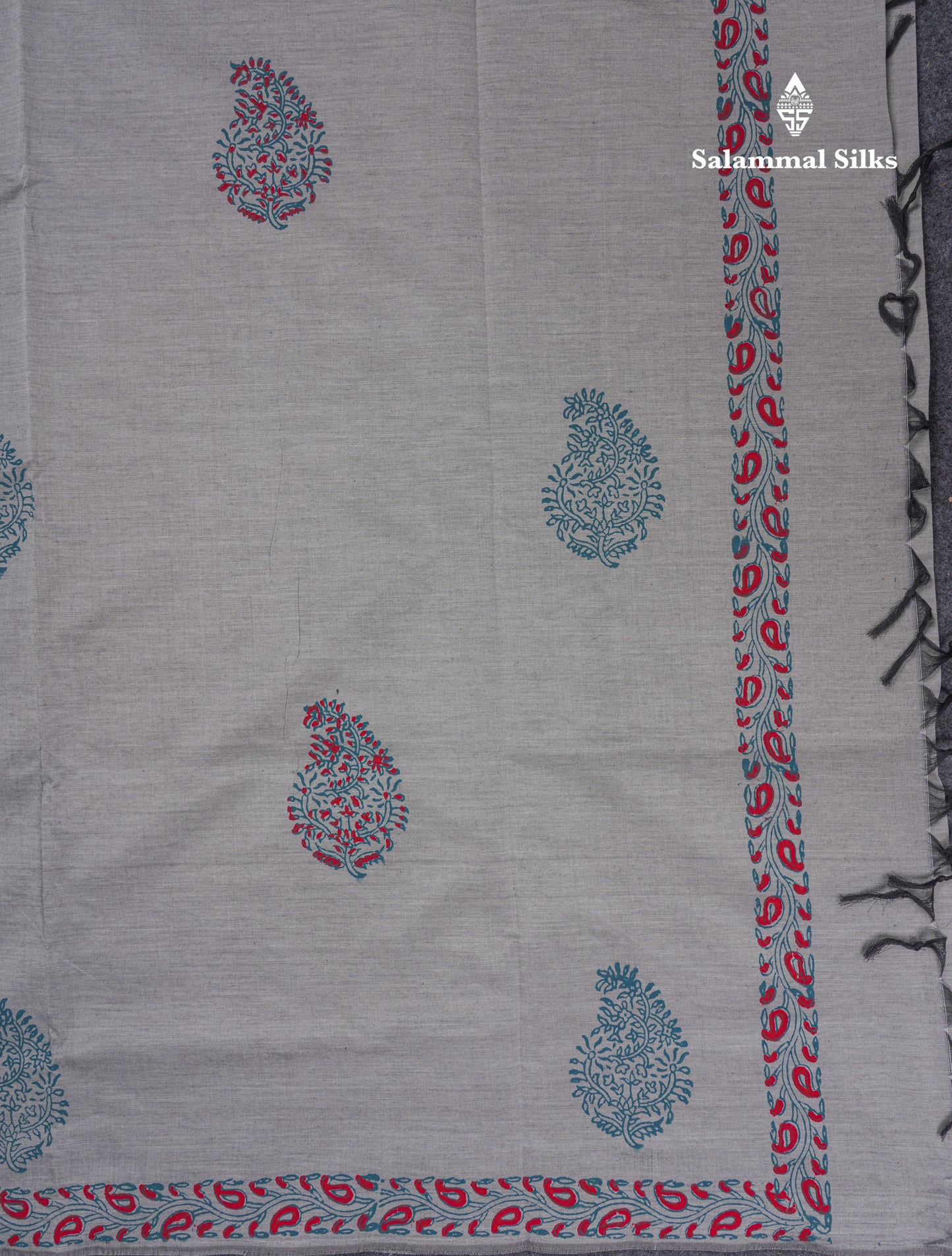 Grey White South Cotton Printed Saree With Contrast Peacock Blue Blouse
