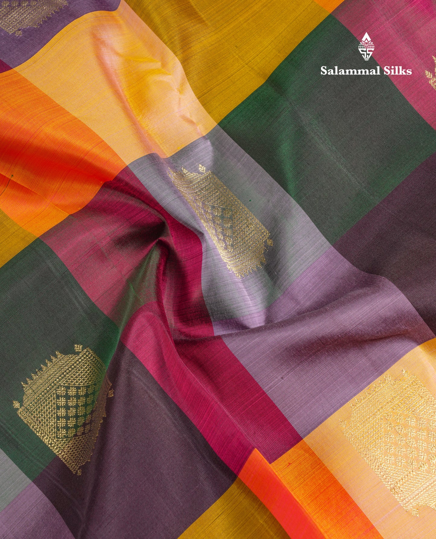 Beautiful Paalum Pazham Big Checks With Butta Pure Kanjivaram Silk Saree With Contrast Maroon Blouse