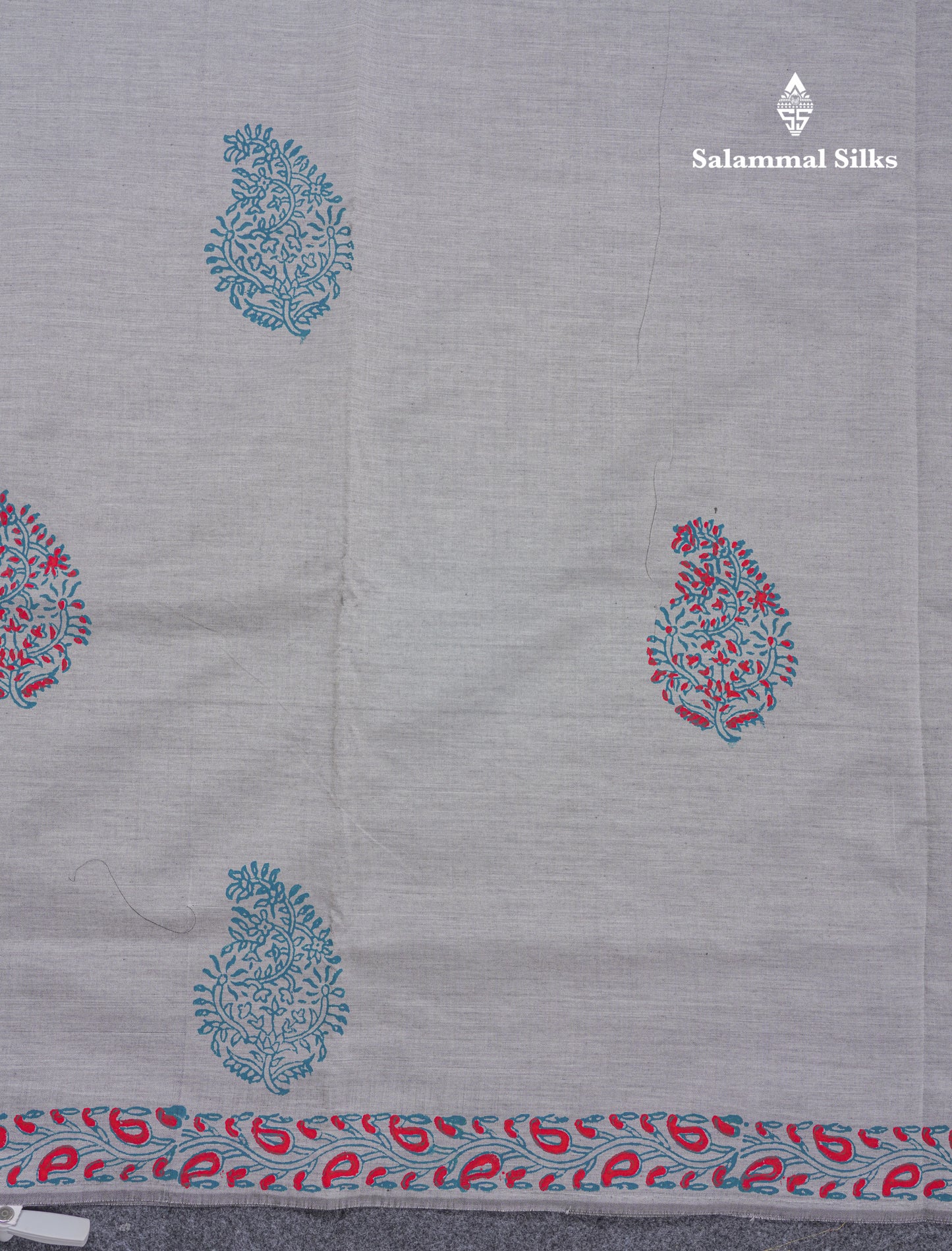 Grey White South Cotton Printed Saree With Contrast Peacock Blue Blouse