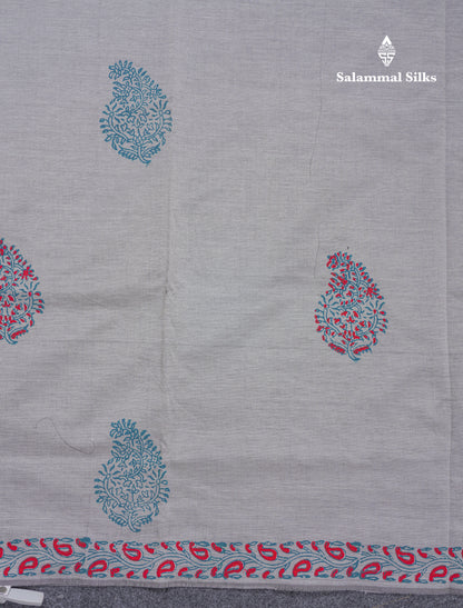 Grey White South Cotton Printed Saree With Contrast Peacock Blue Blouse