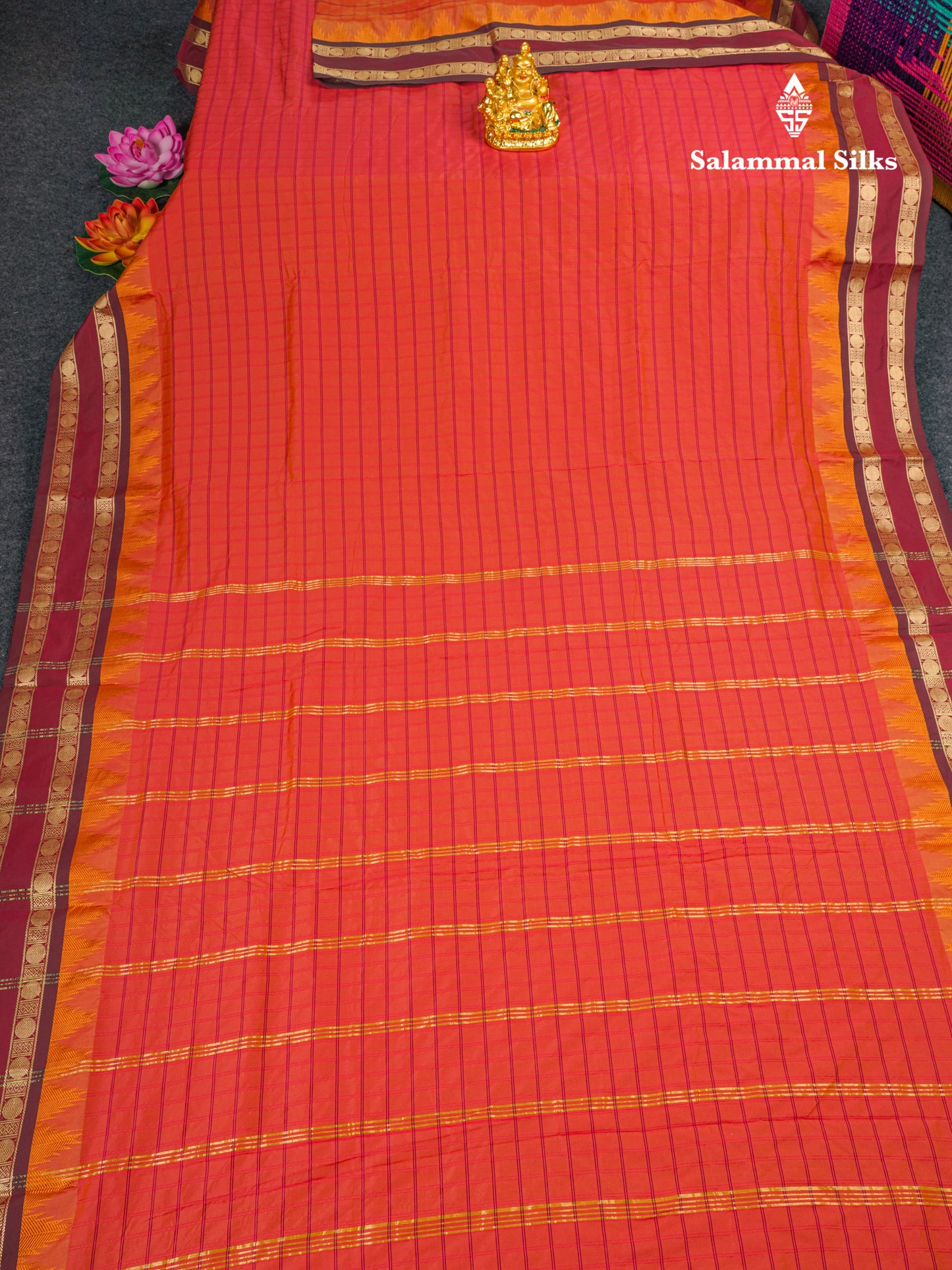9 Yards Semi Silk Saree Pinkish Red Colour with Maroon Traditional Double Border