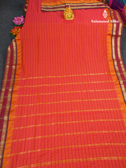 9 Yards Semi Silk Saree Pinkish Red Colour with Maroon Traditional Double Border