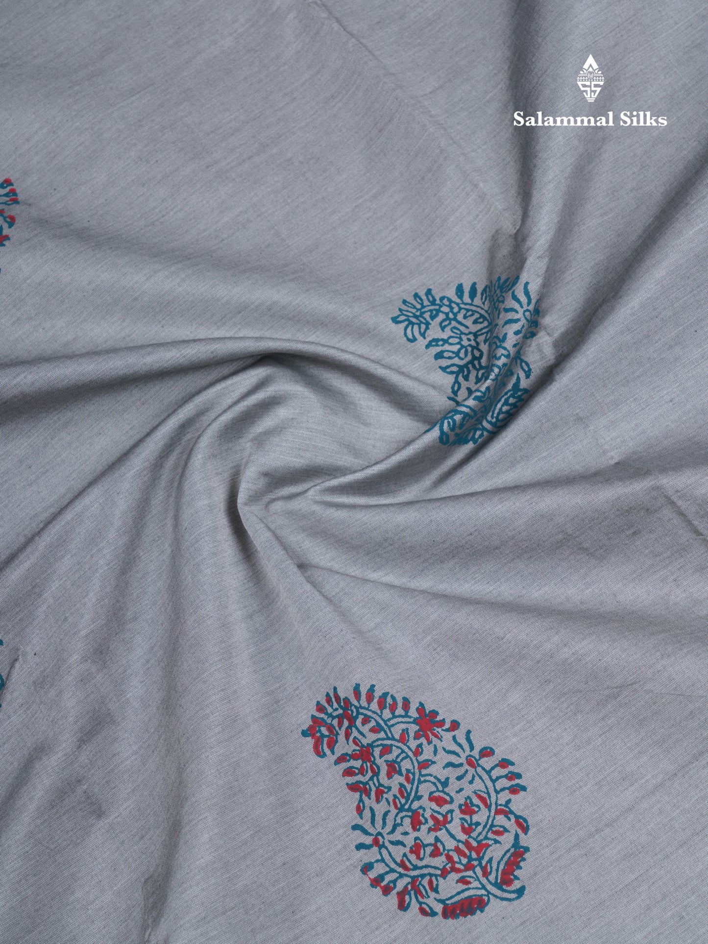 Grey White South Cotton Printed Saree With Contrast Peacock Blue Blouse