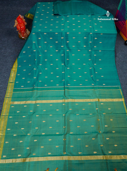 One Side Border Pure Silk Saree - Teal Green Colour Body Zari Butta With Manthulir Green Border 