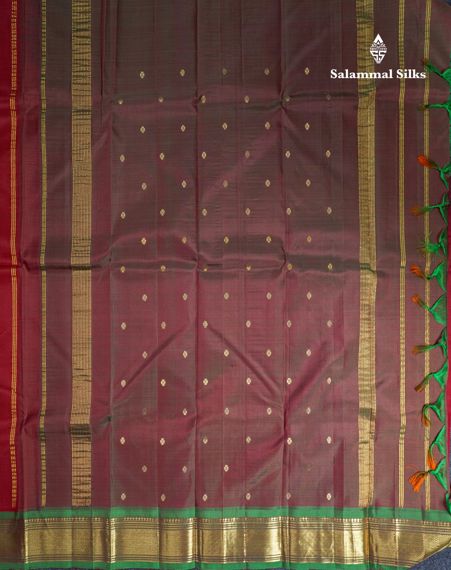 Maroon Pure Kanjivaram Silk Saree With Contrast Green One Side Border