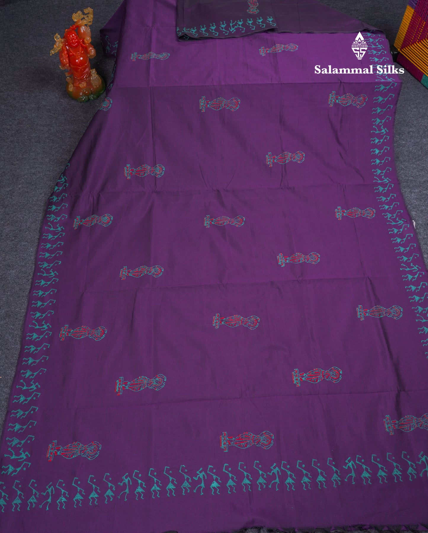 Dark Purple South Cotton Printed Saree With Contrast Sapphire Green Blouse