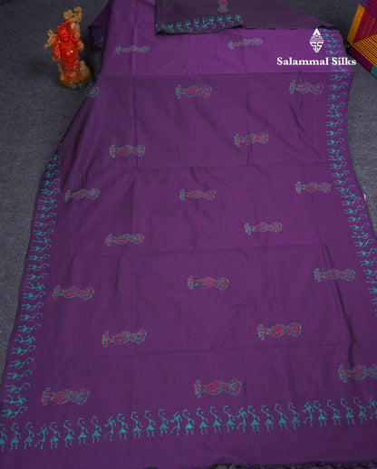 Dark Purple South Cotton Printed Saree With Contrast Sapphire Green Blouse