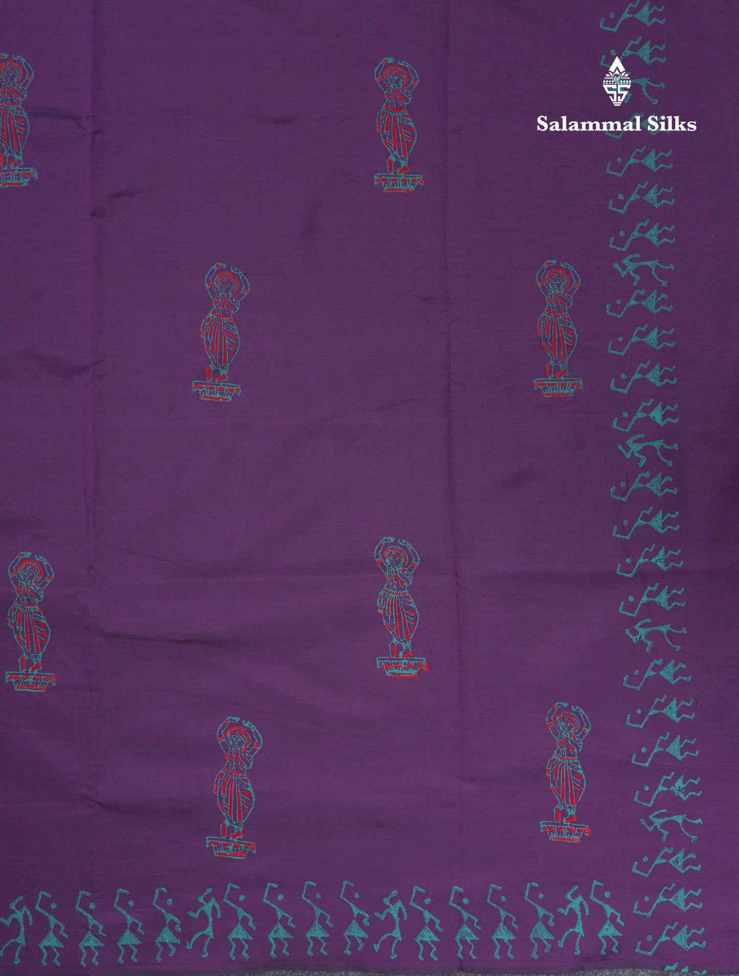 Dark Purple South Cotton Printed Saree With Contrast Sapphire Green Blouse