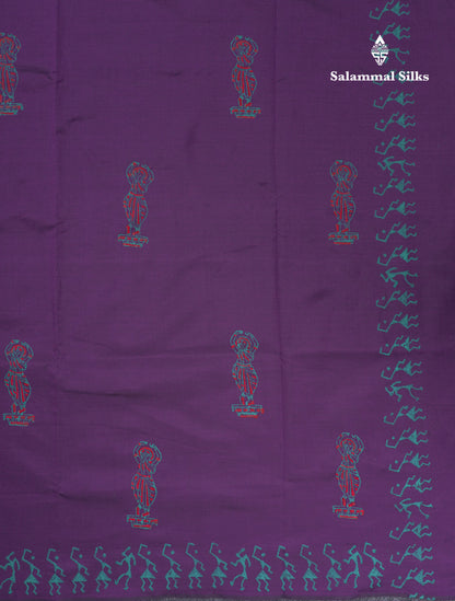 Dark Purple South Cotton Printed Saree With Contrast Sapphire Green Blouse