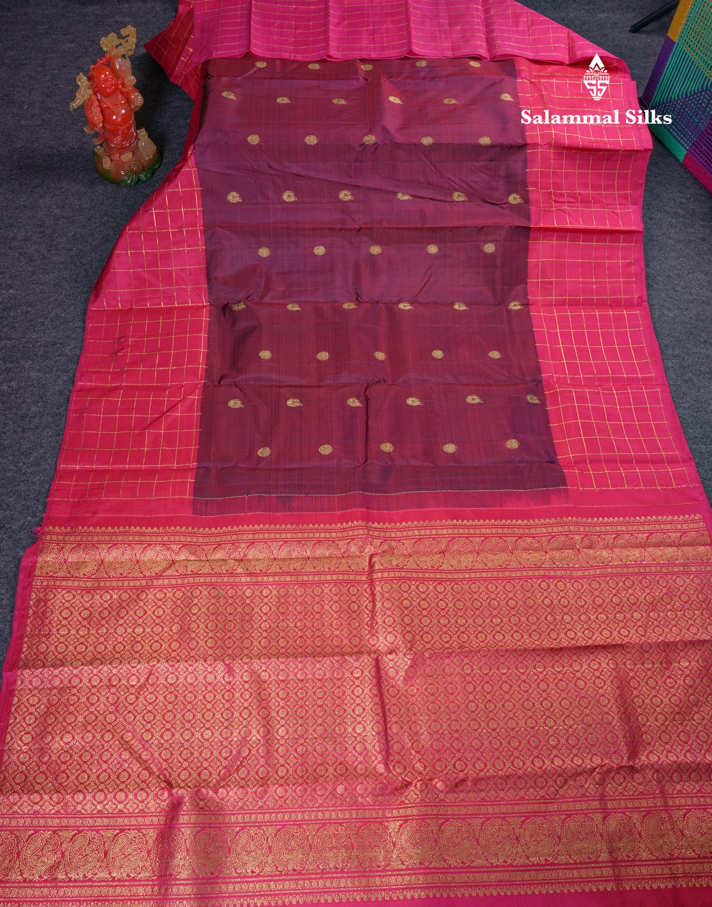 Beautiful Bottle Green Pure Kanjivaram Silk Saree With Contrast Magenta Checks Border