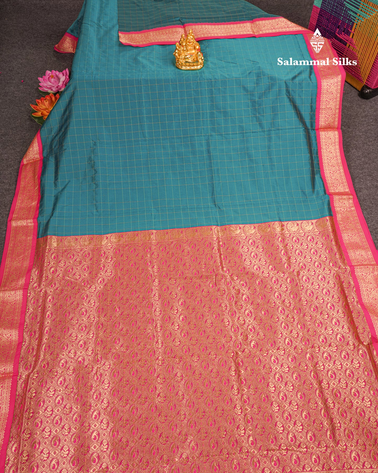 9 Yards Semi Silk Saree Army Green Colour with Pink Border