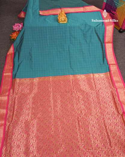 9 Yards Semi Silk Saree Army Green Colour with Pink Border