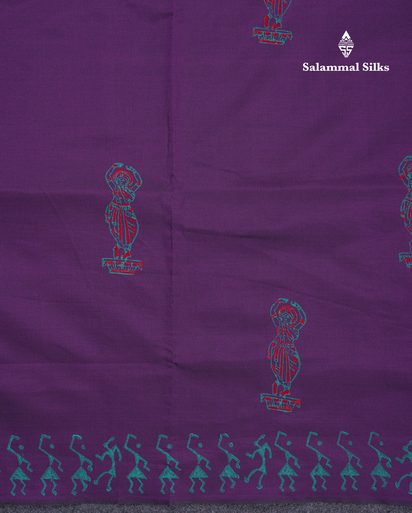 Dark Purple South Cotton Printed Saree With Contrast Sapphire Green Blouse