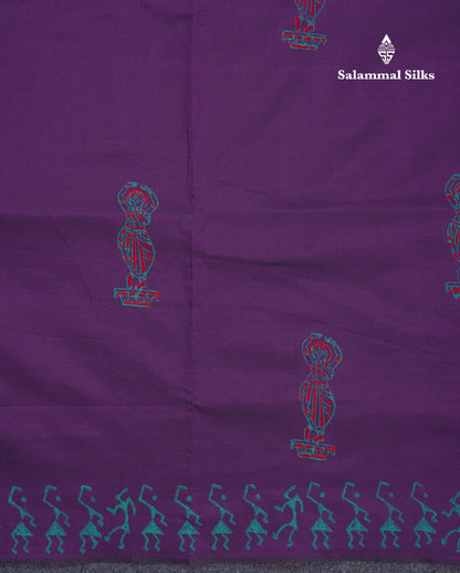 Dark Purple South Cotton Printed Saree With Contrast Sapphire Green Blouse