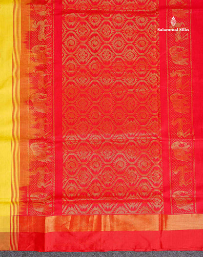 Pallu Of Dual Tone Yellow Semi Silk Cotton Saree 