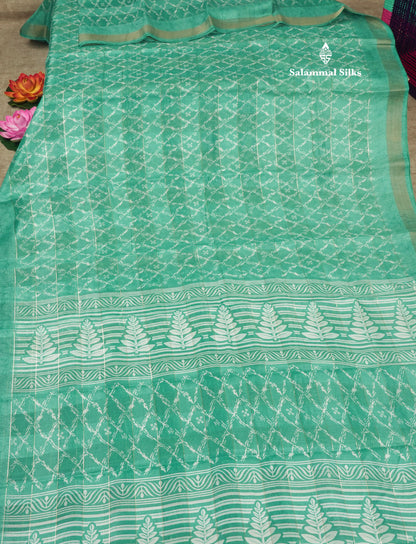Army Green Printed Cotton Mix Saree With Tissue Border