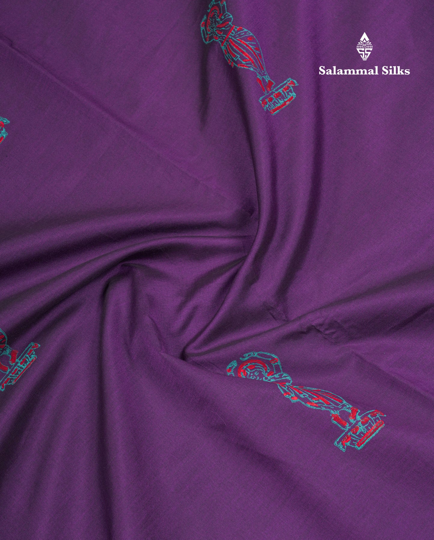 Dark Purple South Cotton Printed Saree With Contrast Sapphire Green Blouse