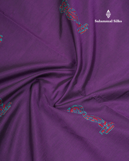 Dark Purple South Cotton Printed Saree With Contrast Sapphire Green Blouse