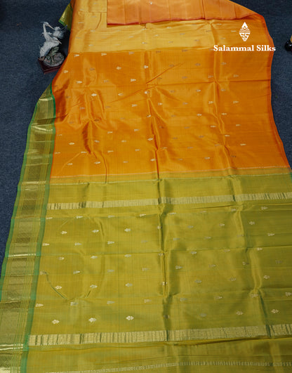Mango Yellow Pure Kanjivaram Silk Saree With Contrast Parrot Green One Side Border