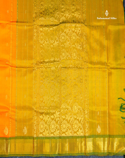 One Side Border Pure Silk Saree - Mango Yellow Colour Body Zari Butta With Green Border