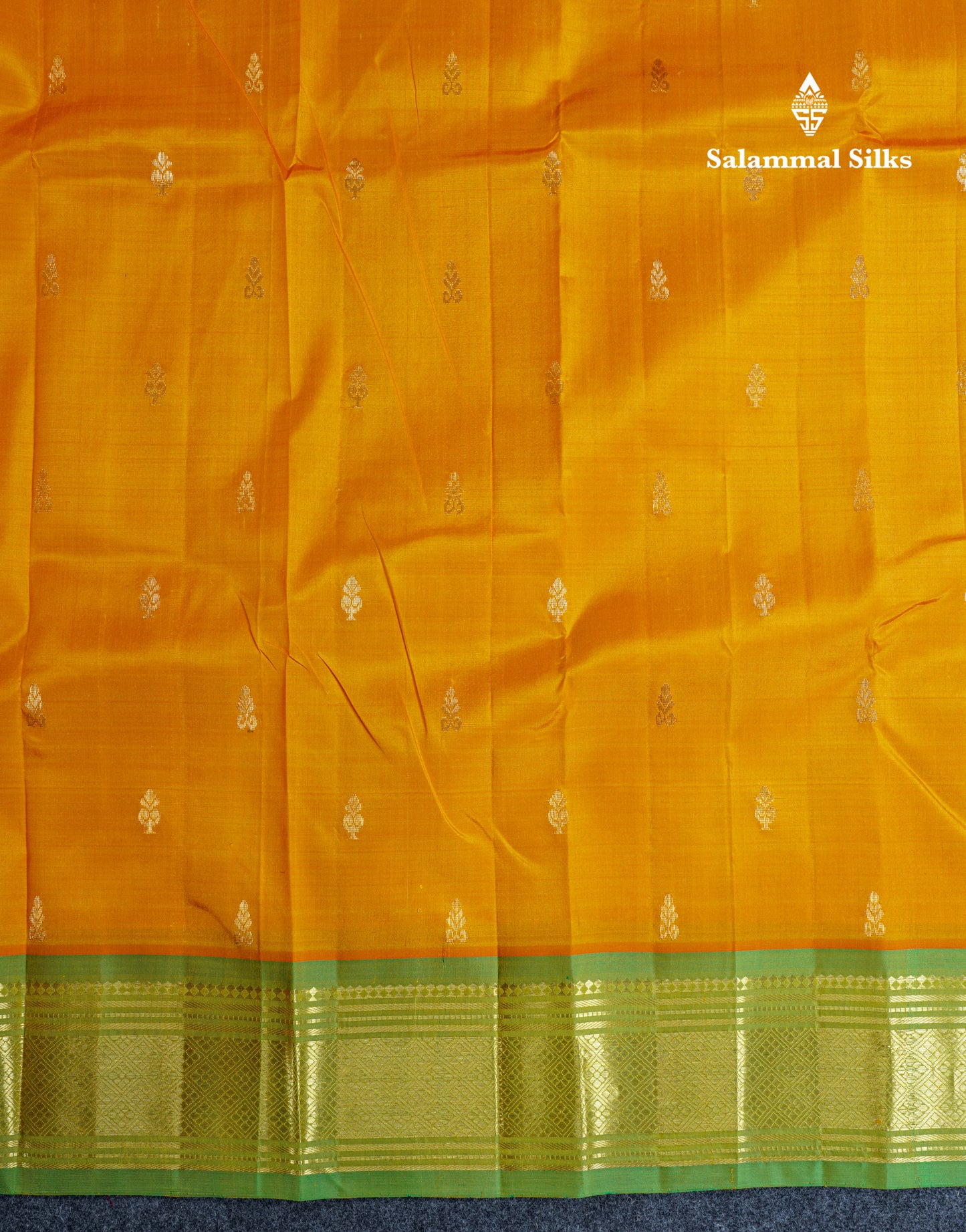 Mango Yellow Pure Kanjivaram Silk Saree With Contrast Parrot Green One Side Border