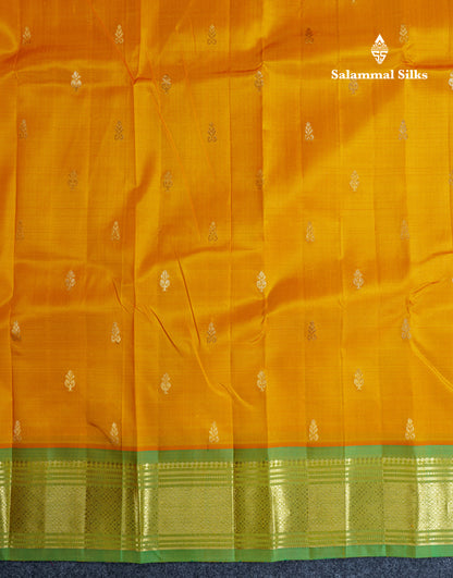 Mango Yellow Pure Kanjivaram Silk Saree With Contrast Parrot Green One Side Border
