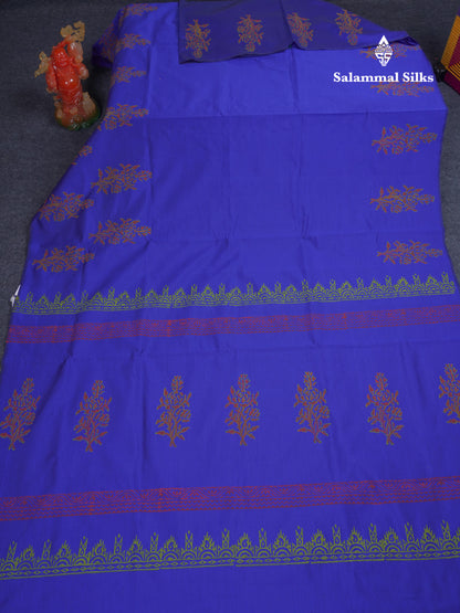 Royal Blue South Cotton Printed Saree With Contrast Parrot Green Blouse