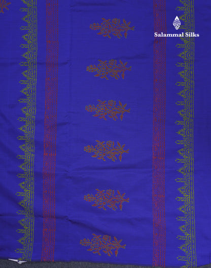 Royal Blue South Cotton Printed Saree With Contrast Parrot Green Blouse