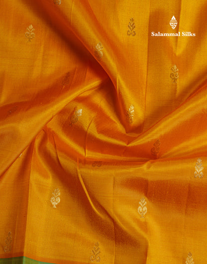 Mango Yellow Pure Kanjivaram Silk Saree With Contrast Parrot Green One Side Border
