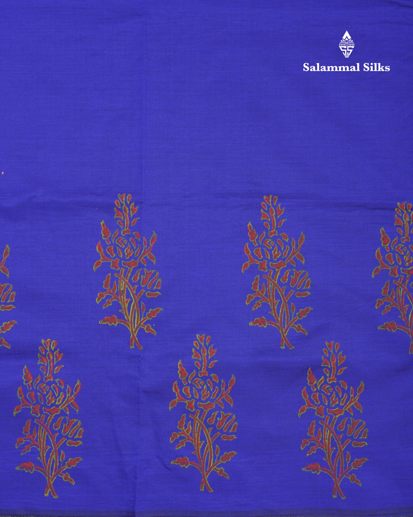 Royal Blue South Cotton Printed Saree With Contrast Parrot Green Blouse