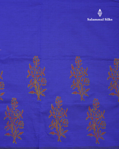 Royal Blue South Cotton Printed Saree With Contrast Parrot Green Blouse