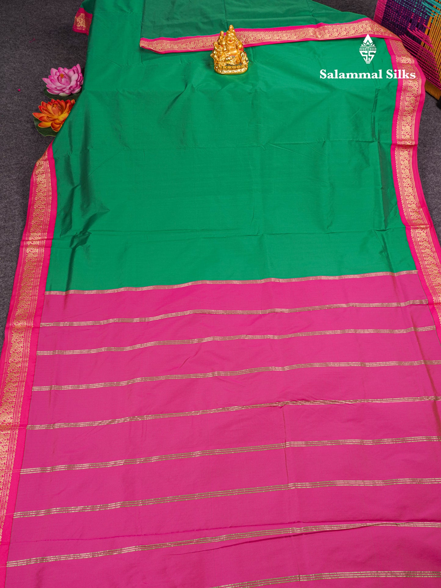 9.5 Yards Semi Silk Saree Bottle Green with Contrast Pink Border