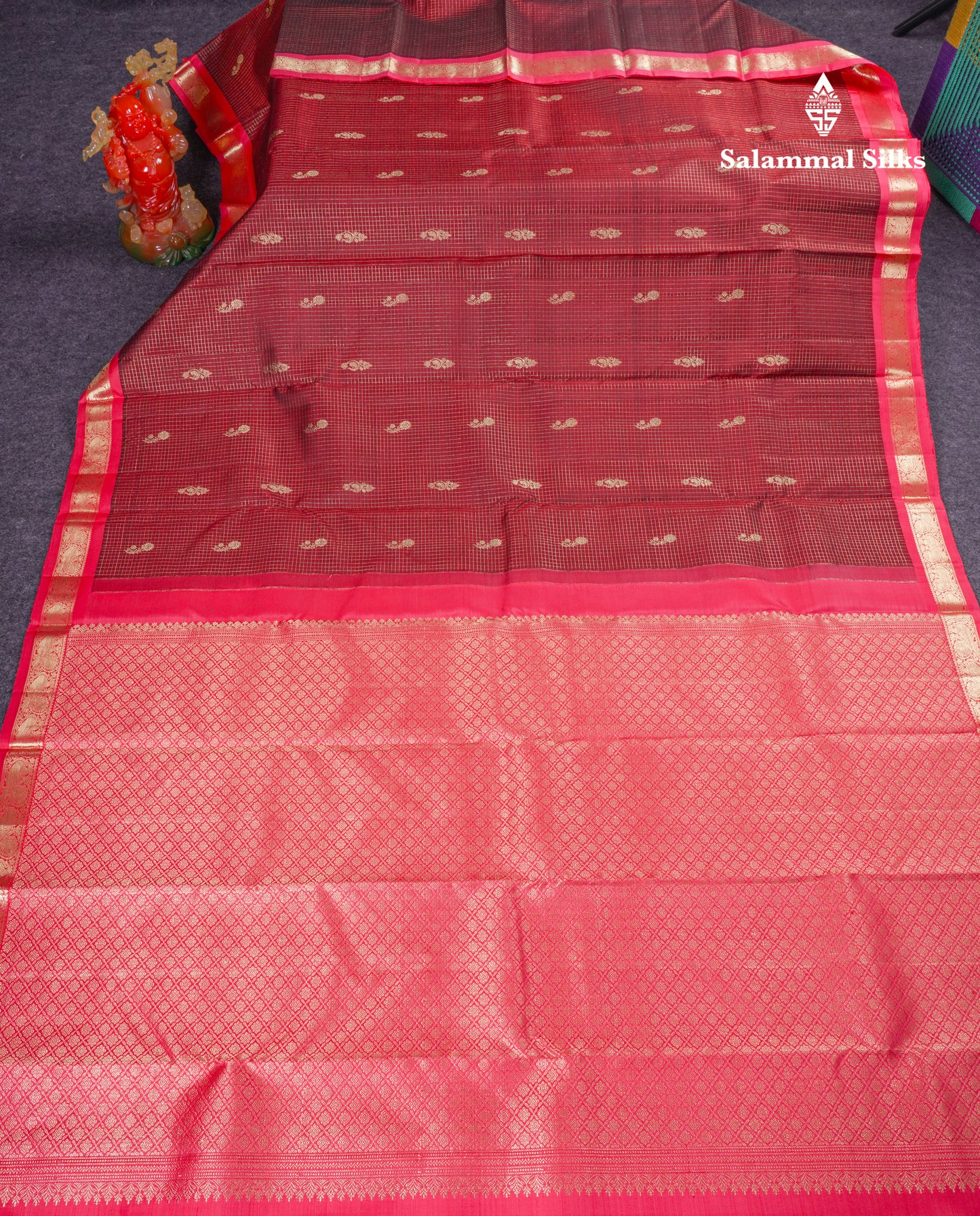 Beautiful Purple Zari Checks With Butta Pure Kanjivaram Silk Saree With Contrast Oniom Pink Traditional Border