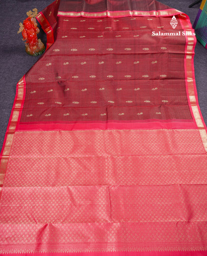Beautiful Purple Zari Checks With Butta Pure Kanjivaram Silk Saree With Contrast Oniom Pink Traditional Border