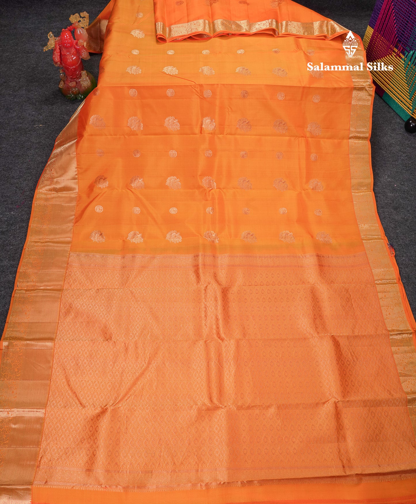 Beautiful Orange Pure Kanjivaram Silk Saree With Traditional Evening Morning Border