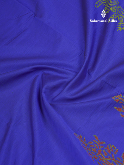 Royal Blue South Cotton Printed Saree With Contrast Parrot Green Blouse