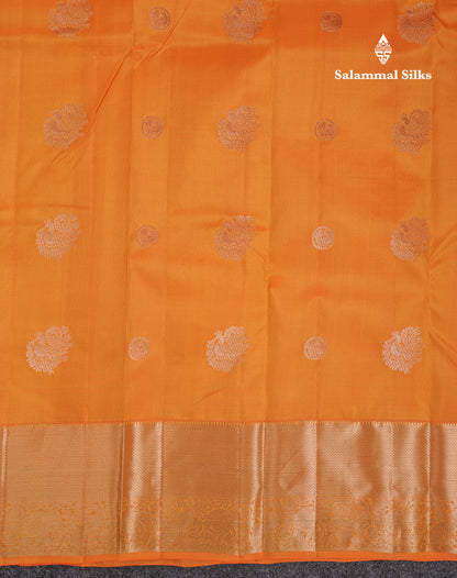 Beautiful Orange Pure Kanjivaram Silk Saree With Traditional Evening Morning Border