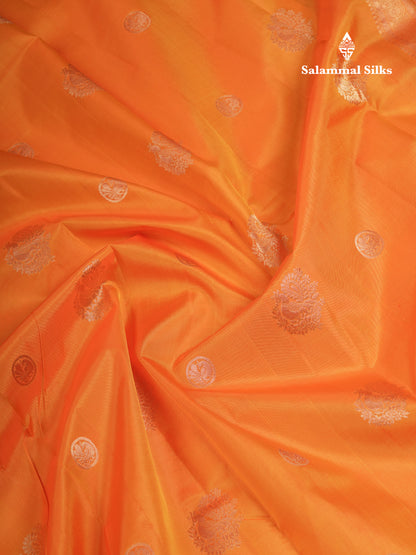 Beautiful Orange Pure Kanjivaram Silk Saree With Traditional Evening Morning Border